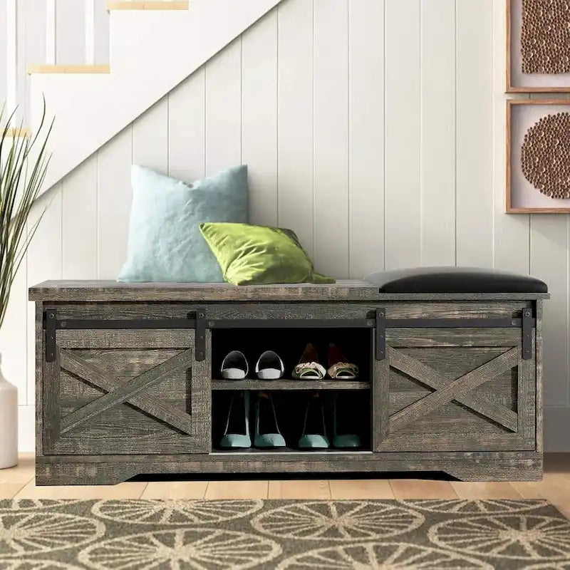 Banc à chaussures de 47 pouces avec meuble de rangement à porte coulissante et étagères réglables - 47,24L x 15,35P x 18,7H