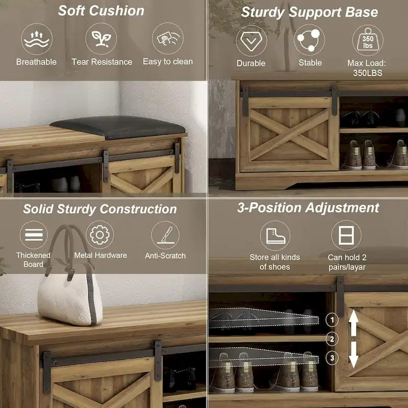 Banc à chaussures de 47 pouces avec meuble de rangement à porte coulissante et étagères réglables - 47,24L x 15,35P x 18,7H