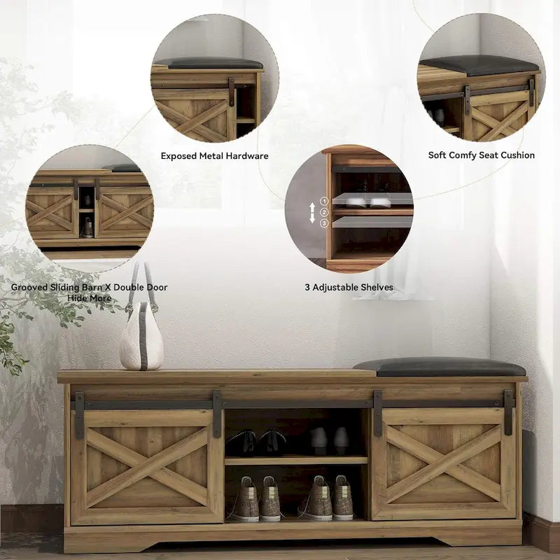 Banc à chaussures de 47 pouces avec meuble de rangement à porte coulissante et étagères réglables - 47,24L x 15,35P x 18,7H