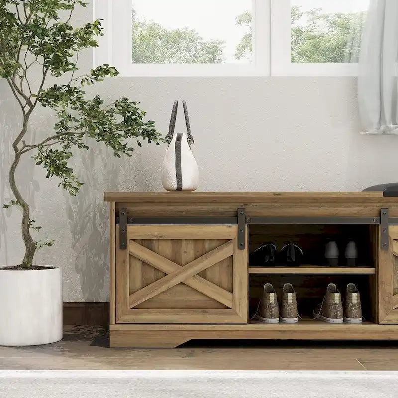 Banc à chaussures de 47 pouces avec meuble de rangement à porte coulissante et étagères réglables - 47,24L x 15,35P x 18,7H