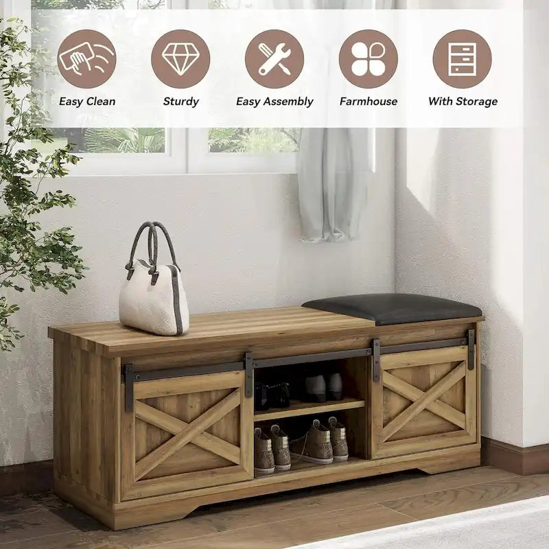 Banc à chaussures de 47 pouces avec meuble de rangement à porte coulissante et étagères réglables - 47,24L x 15,35P x 18,7H