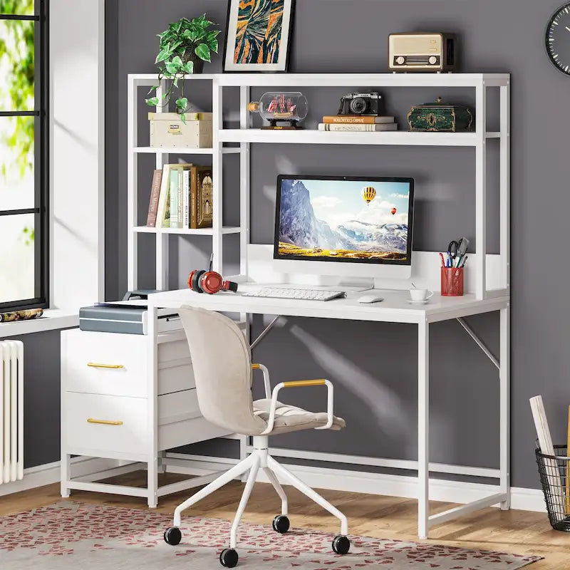 Bureau rustique pour ordinateur avec tiroirs et étagère supérieure