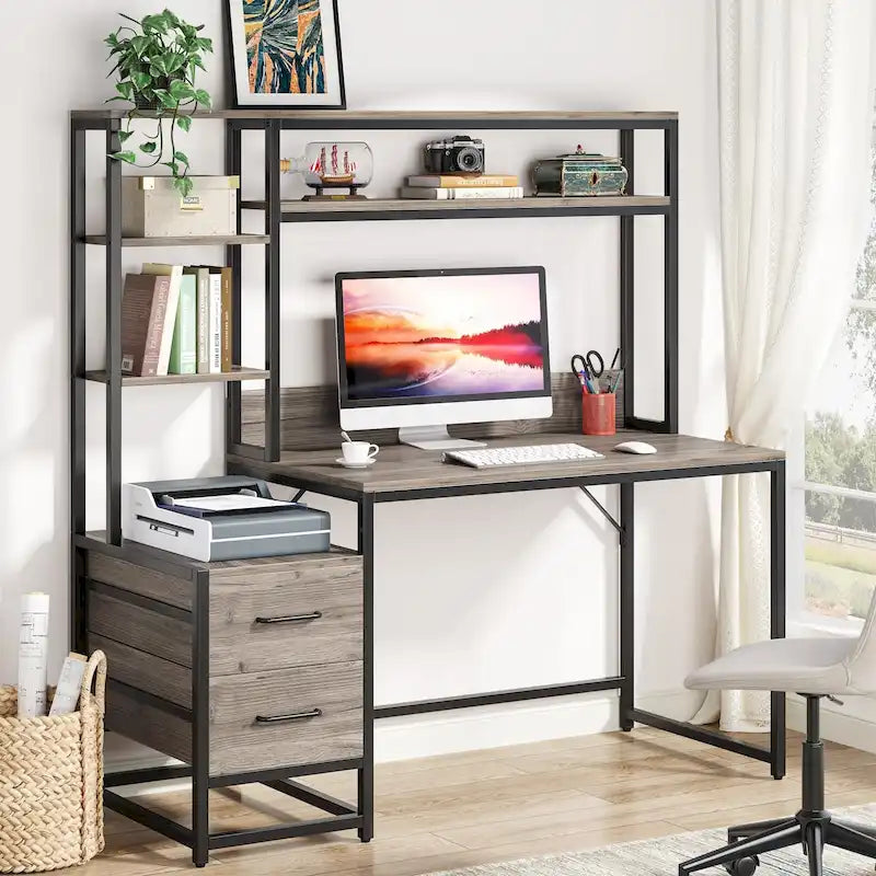 Bureau rustique pour ordinateur avec tiroirs et étagère supérieure