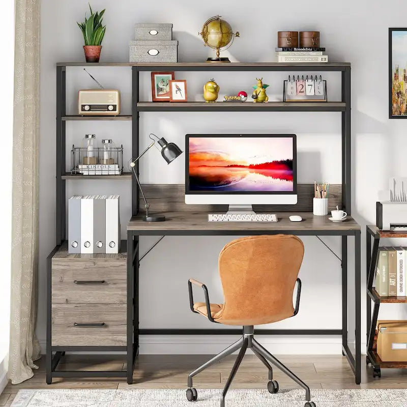 Bureau rustique pour ordinateur avec tiroirs et étagère supérieure
