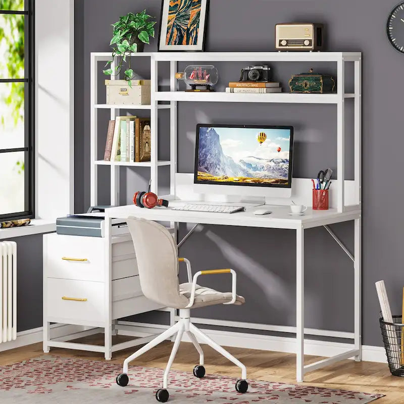 Bureau rustique pour ordinateur avec tiroirs et étagère supérieure
