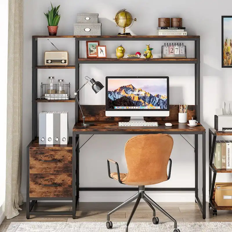 Bureau rustique pour ordinateur avec tiroirs et étagère supérieure