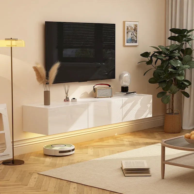 Meuble TV mural 63", console TV suspendue avec LED