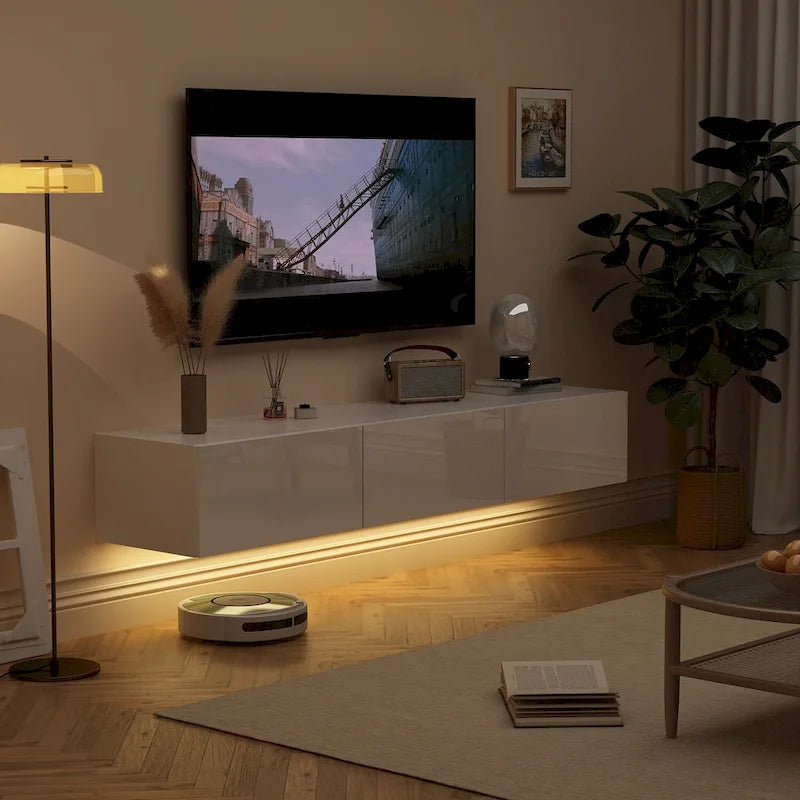 Meuble TV mural 63", console TV suspendue avec LED