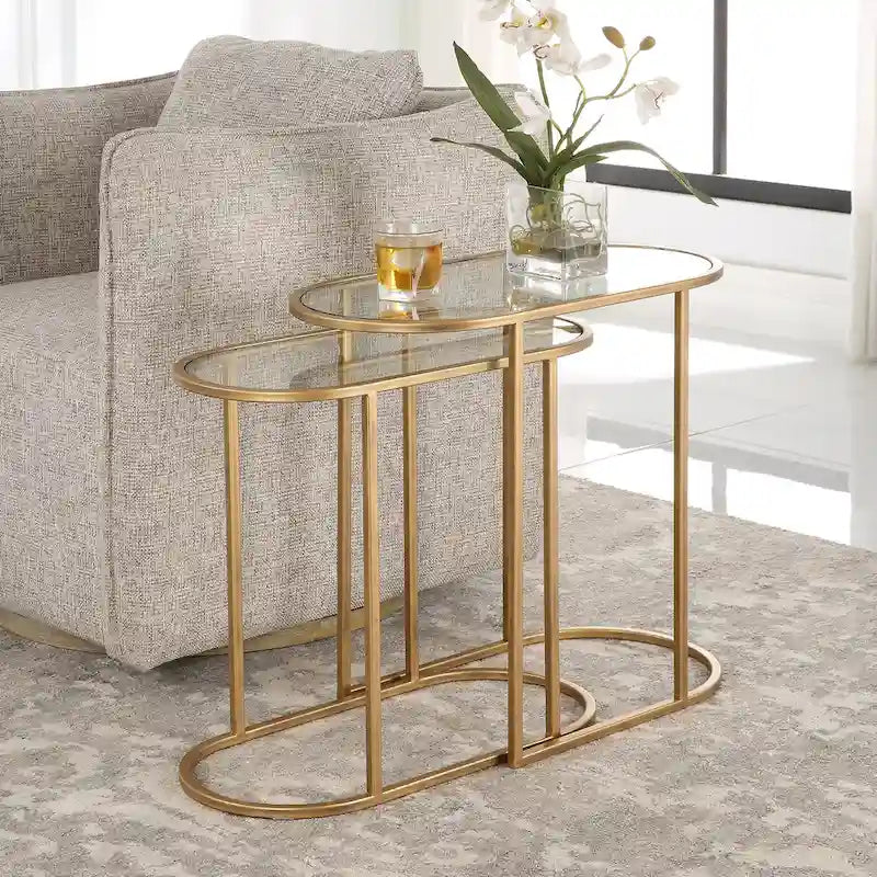 Tables gigognes en laiton brossé antique, ensemble de 2 - 24W x 22H x 12.5D