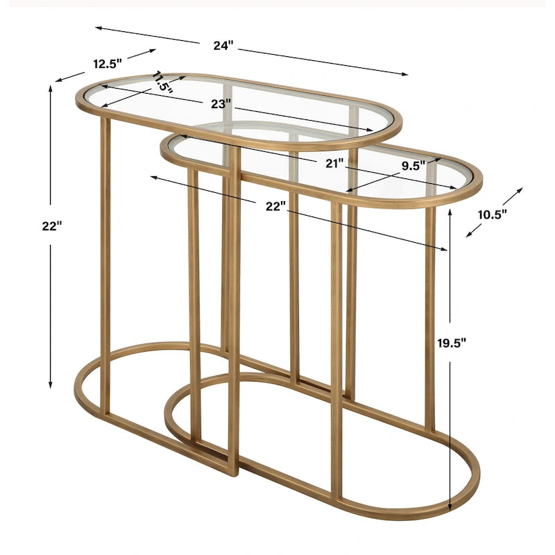 Tables gigognes en laiton brossé antique, ensemble de 2 - 24W x 22H x 12.5D