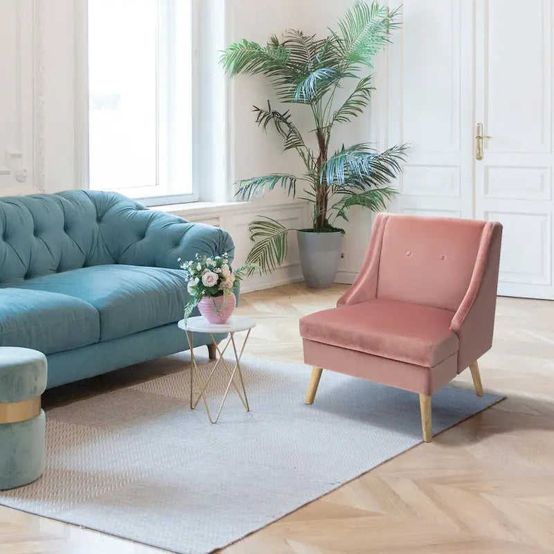 Fauteuil d'appoint rembourré en velours avec accoudoirs, pieds en caoutchouc - Voir détails