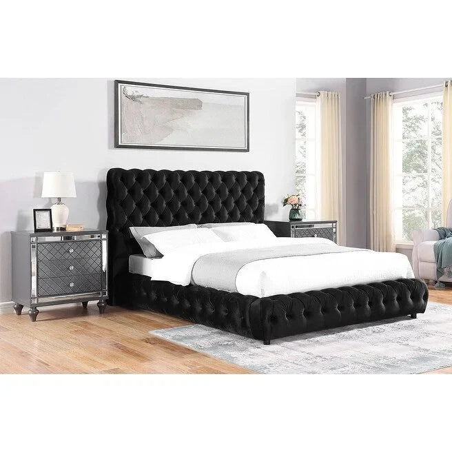 Lit plateforme capitonné en velours noir Mirilla