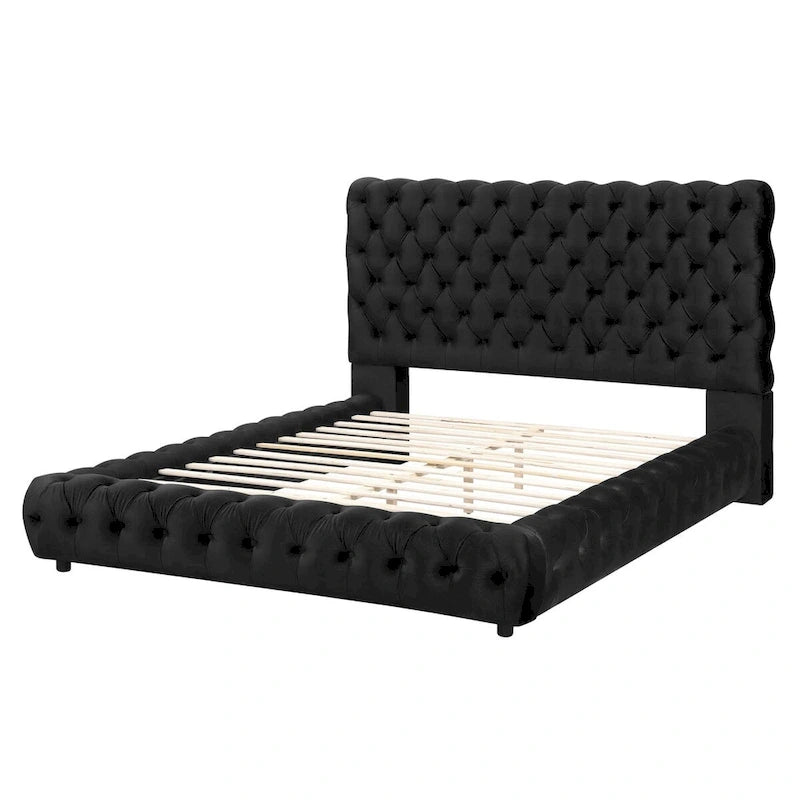 Lit plateforme capitonné en velours noir Mirilla