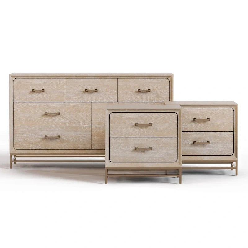 Ensemble de chambre Drayden en bois massif de chêne transitionnel 3 pièces : commode et 2 tables de chevet