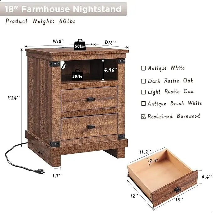 Table de chevet de ferme 18 po avec station de chargement, Table de chevet, Table d'appoint