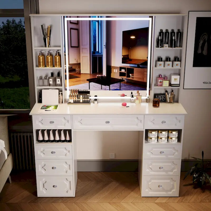 Coiffeuse blanche/noire avec miroir éclairé, grande coiffeuse avec 9 tiroirs, coiffeuses de style européen