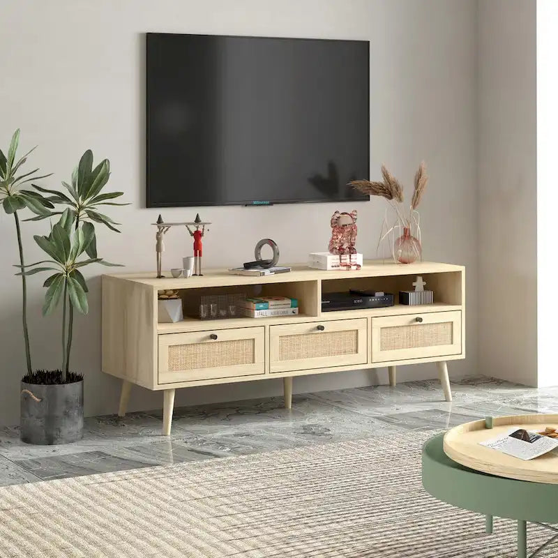 Meuble TV en rotin moderne avec pieds en bois massif