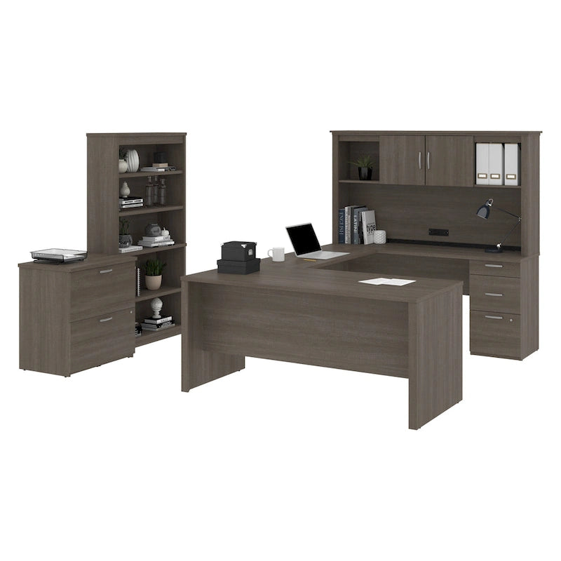 Bureau en U Logan 66W avec huche, armoire et bibliothèque