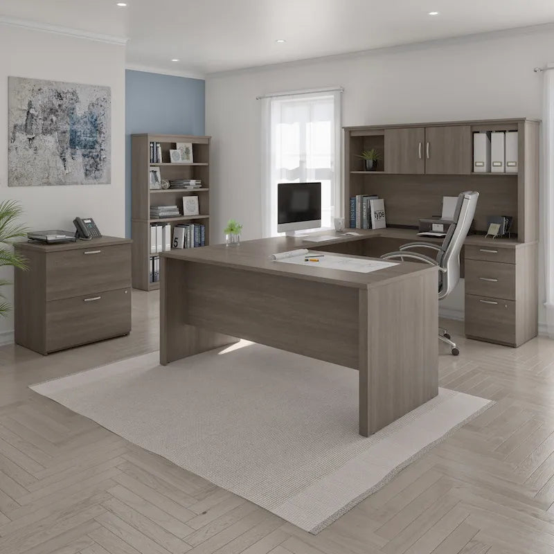 Bureau en U Logan 66W avec huche, armoire et bibliothèque
