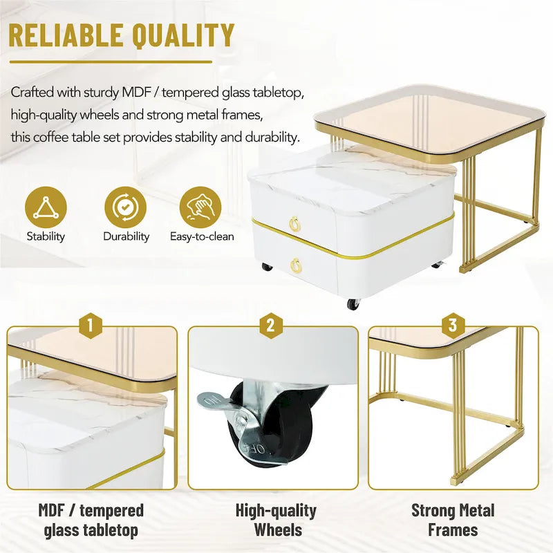Table basse gigogne carrée 2-en-1 avec roulettes