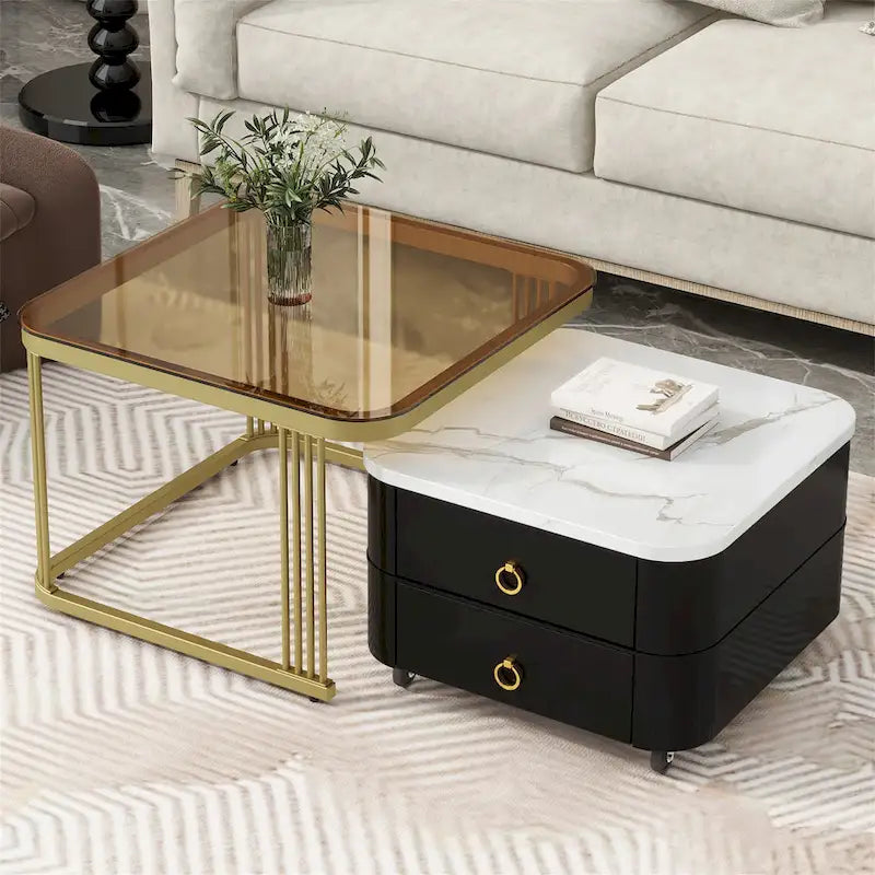 Table basse gigogne carrée 2-en-1 avec roulettes