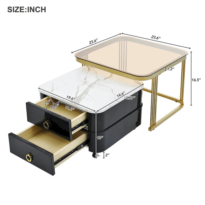 Table basse gigogne carrée 2-en-1 avec roulettes