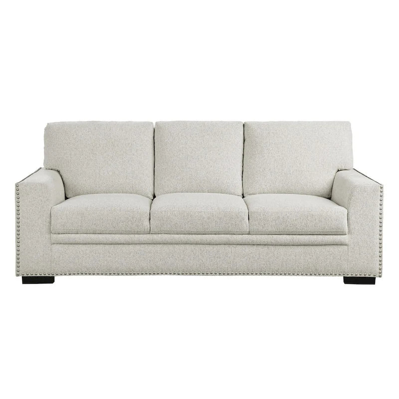 Canapé Meil 84 pouces, chenille beige, clous décoratifs, coussins en mousse, bois massif