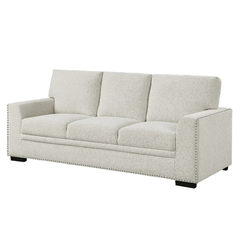 Canapé Meil 84 pouces, chenille beige, clous décoratifs, coussins en mousse, bois massif