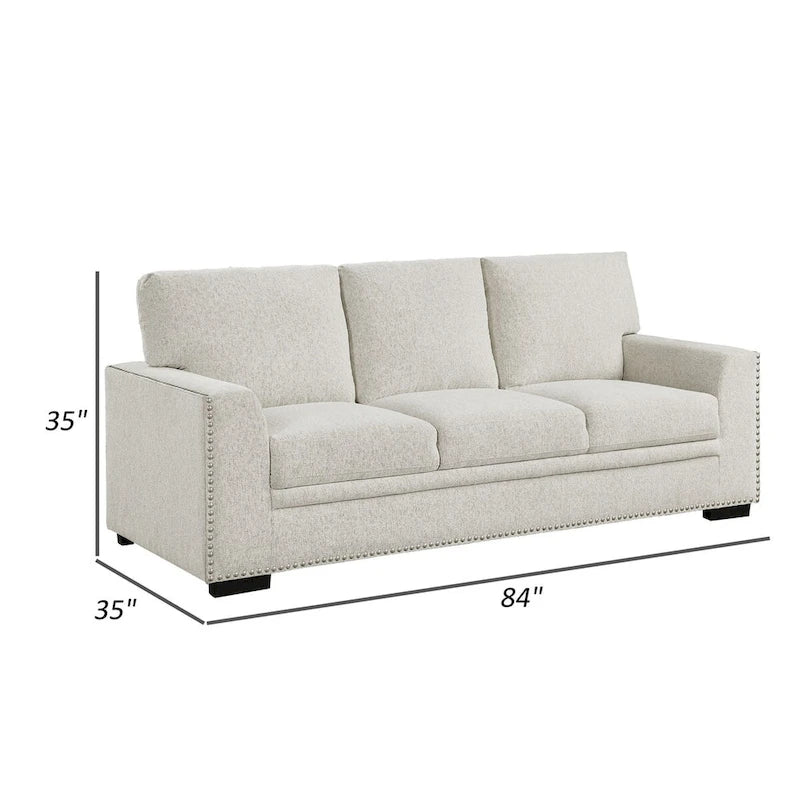 Canapé Meil 84 pouces, chenille beige, clous décoratifs, coussins en mousse, bois massif