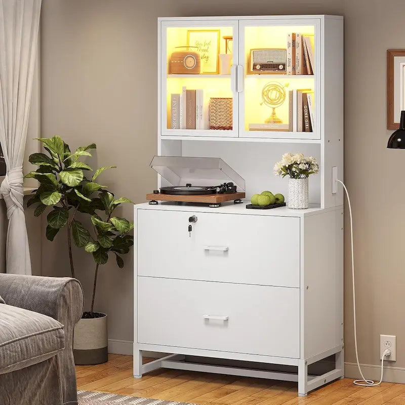 Meuble de rangement avec serrure, 2 tiroirs pour dossiers et station de charge