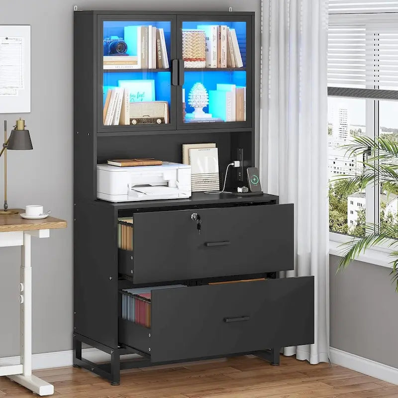Meuble de rangement avec serrure, 2 tiroirs pour dossiers et station de charge