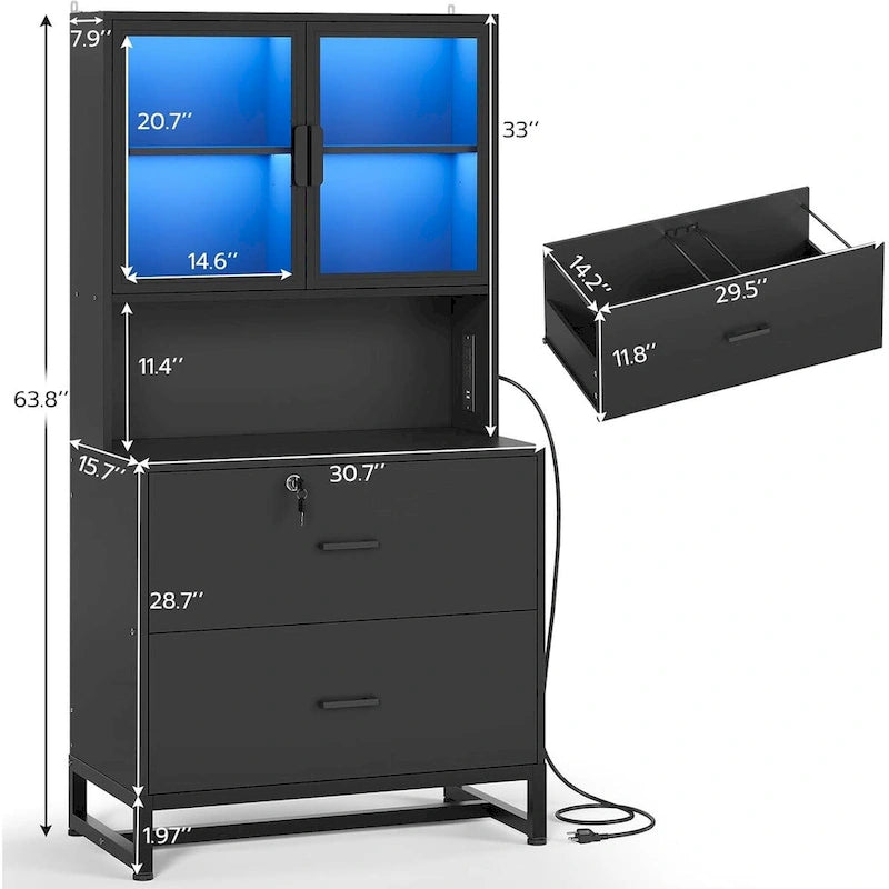 Meuble de rangement avec serrure, 2 tiroirs pour dossiers et station de charge