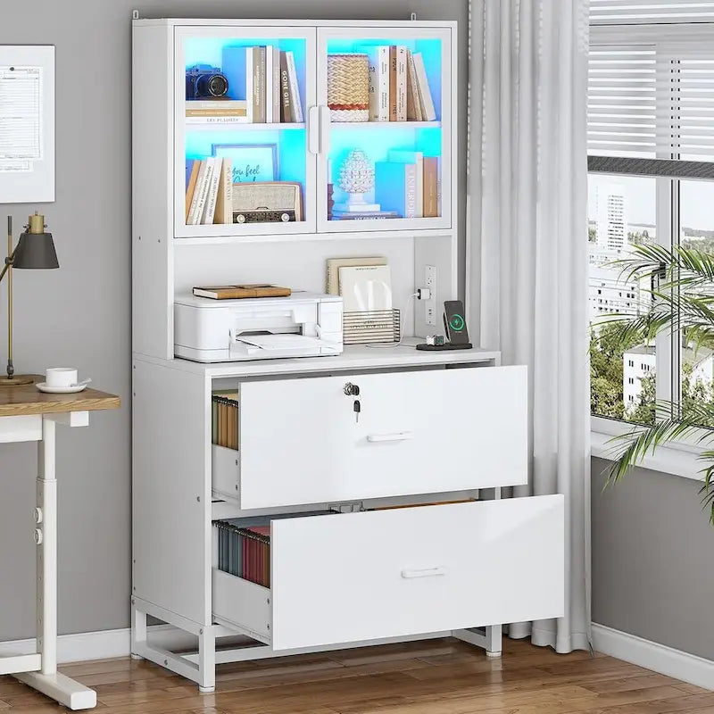 Meuble de rangement avec serrure, 2 tiroirs pour dossiers et station de charge