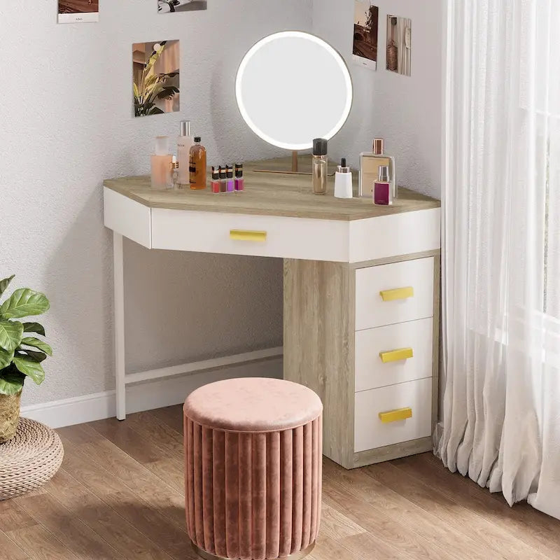 Coiffeuse d'angle en bois/métal petite table de maquillage avec 4 tiroirs - S.O.