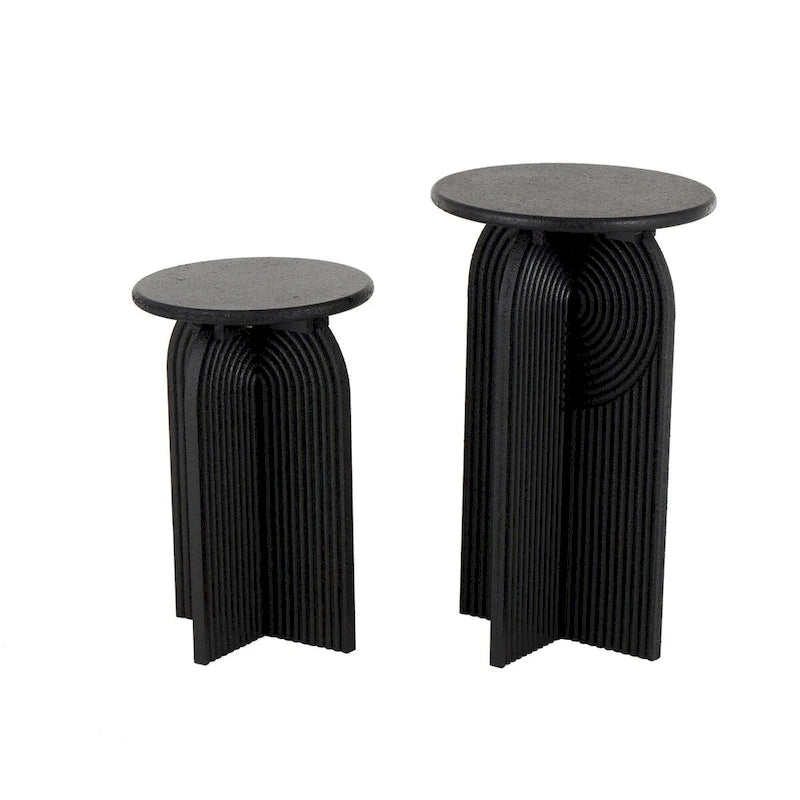 Wood Geometric Sandstone Carved Art Deco Arched Pedestal Side End Accent Table - Set of 2 Black - 